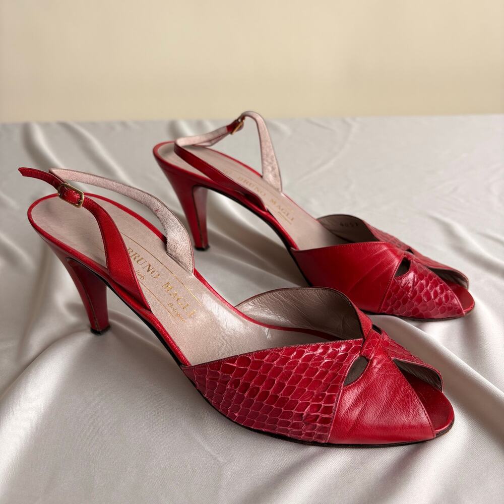 Bruno Magli Red Leather Peep-Toe Slingbacks Pumps, Made in Italy, Size 7.5